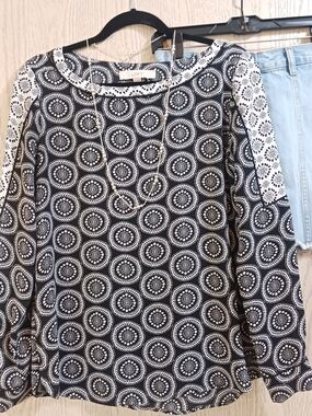 LOFT Boho Black and White Circular Print Long Sleeve Top XS Oversize Casual XS